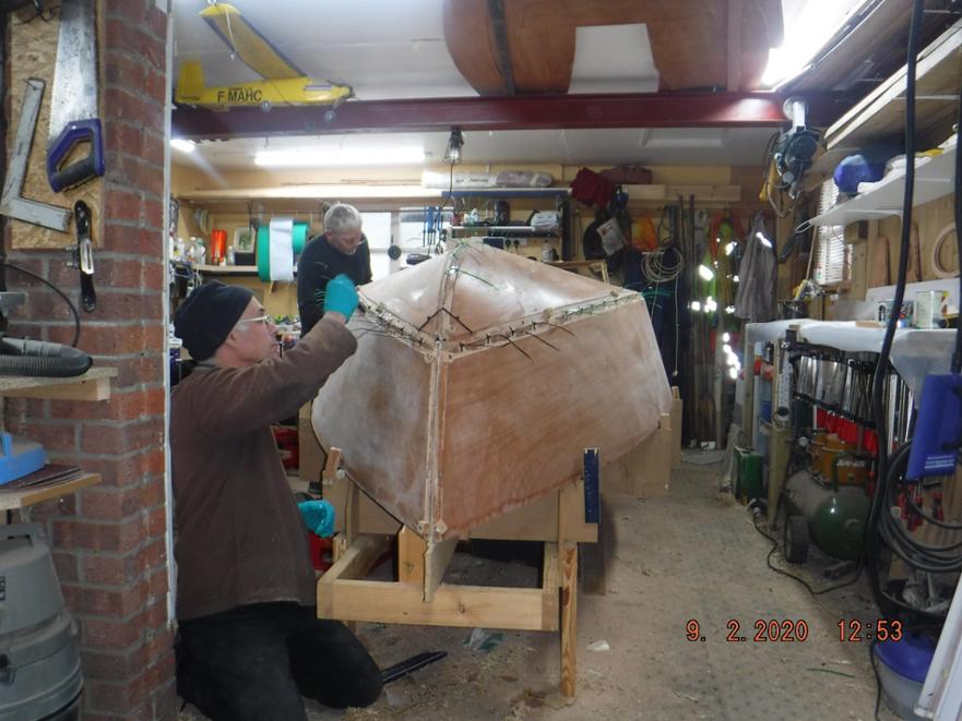 James Palmer adds some patches of fibreglass tape in between ties where the bow is under stress. 