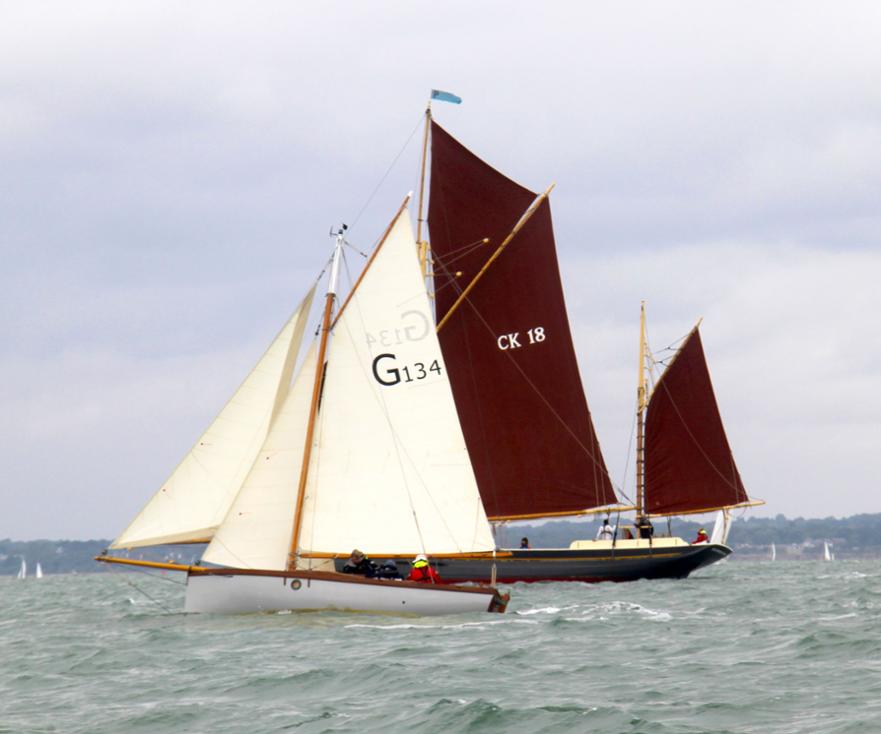 New and old gaffers together
Golant Gaffer, 'Satellite', 2017 and Essex smack 'Pioneer', 1864 race in the Solent, 2018 © G Flashman 2018 