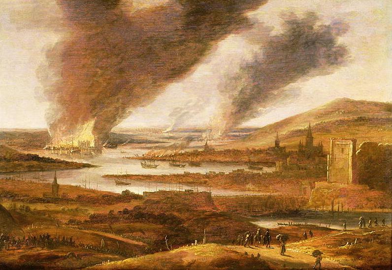 Upnor Castle opposite the burning Chatham Dockyard ©Wikimedia Commons 