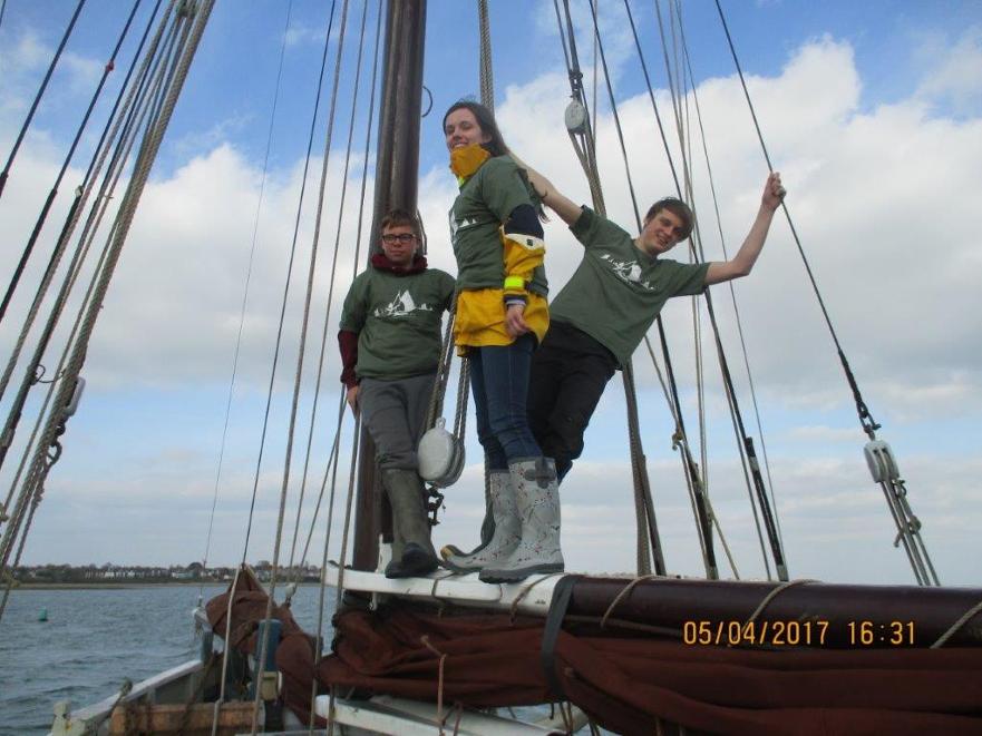 Sea Scouts on Sallie's boom during their sail and overnight experience thanks to the OGA Youth Fund ©Richard Tichener 