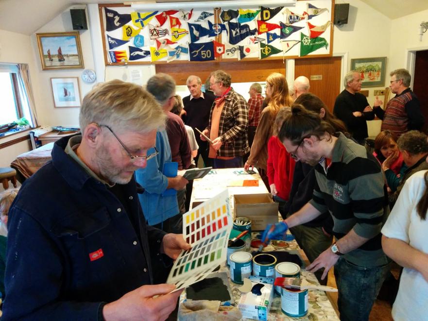 Colourful scene at Pin Mill as EC gaffers play with Teamac paints ©Sue Lewis 