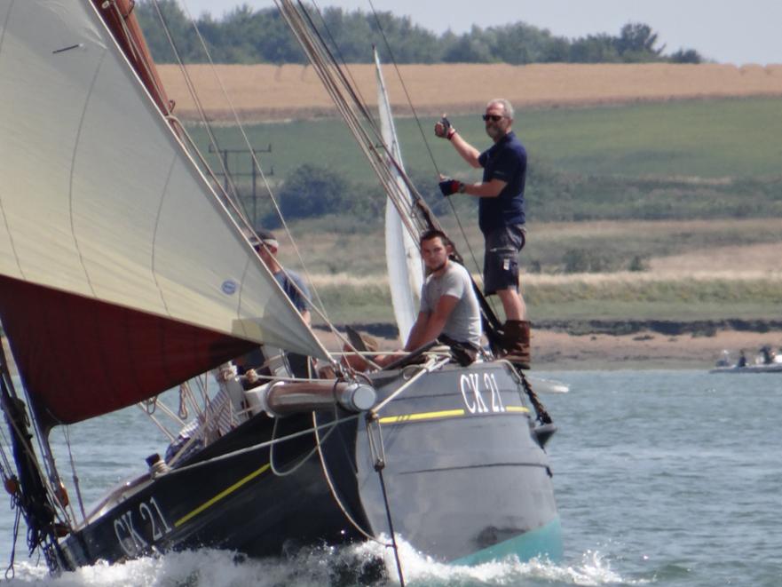 Maria weaving up the Orwell through the moorings to the finish of the Pin Mill Smacks Race needs a lookout ©Alistair Randall 2015 